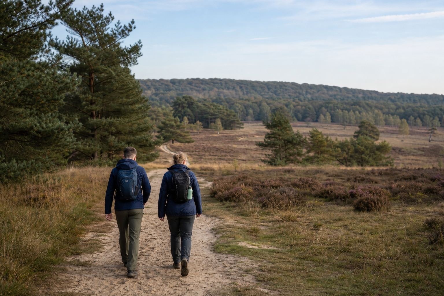 Twee wandelaars lopen over een zandpad door heide en bos op de Sallandse Heuvelrug